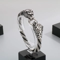 Vintage braided black leather bracelet with silver titanium steel tiger heads charm - Double Tiger Head Metal Braided Style (KB47345-D)