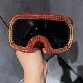 Oversized punk square sunglasses with red rhinestones and gold-tone metal trim - Red Frame / Red Rhinestone