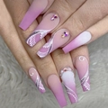 Long coffin gradient nails with white lace patterns, silver lines and sparkling rhinestones - BKS1216 Bohemian Lace Style