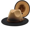 Khaki to black gradient wool fedora hat with brown leather band for outdoor wear - M (56-58cm) / Camel + Black