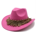 Detail of rose pink felt cowboy hat with braided leather strap and gold chain trim - M (56-58cm) / Rose Red
