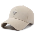 Khaki baseball cap with shield embroidery and curved brim in 45-degree side view - Adjustable / Khaki