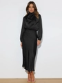 Detail of elegant black satin maxi dress featuring a high turtleneck and draped silk texture - S / Top And Bottom (GQTG040) / Black