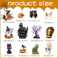 Size guide for 12 Halloween magnetic stickers featuring gnomes, skeletons and ghost motifs - CT342