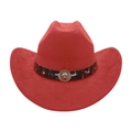 Close-up of red cowboy hat with black band and silver lion head metal emblem detail - One Size / Rust Red (Lion Head)