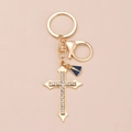 Golden cross keychain with rhinestones and blue enamel charm on a lobster clasp - Kc Gold 1685