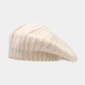 Detailed close-up of cream knit beret showing soft rabbit hair texture and thick yarn weave - One Size / Beige