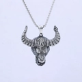 Silver bull head pendant necklace in stainless steel with detailed animal engraving - Turquoise Inlaid Bull Skull Pendant (D0708)