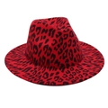 Macro view of leopard print texture on red wide brim wool fedora hat with a flat brim - One Size / Red