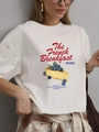 Close-up of white cotton T-shirt featuring French breakfast cake and blueberry print - S / White