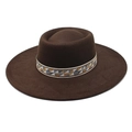 Detailed view of dark brown wool felt fedora with a colorful geometric ethnic band - M (56-58cm) / Brown