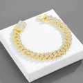 Close-up of a 12mm golden iced-out Cuban chain necklace on a white jewelry box - 8 Inch (20cm) Bracelet / Gold