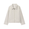 Minimalist light oatmeal wool blend loose jacket with zipper and lapel collar - Cream White With Lining