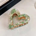 Green and white marble heart-shaped spring clip hair accessory with golden metal clasp - Green Heart Claw