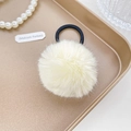 Creamy white plush pompom hair tie with elastic band for women hair styling - Milky Yellow