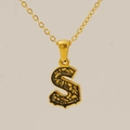 Golden letter S pendant necklace with black vintage engraved pattern and cable chain - Gold Letter S