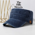 Distressed dark blue flat top military cap with peak leather patch and stitch detail - Adjustable / Navy Blue