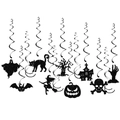 Detailaufnahme von Halloween-Spiraldekorationen mit schwarzen Glitzer-Geistern und Fledermäusen - Einzel- und Doppelschleifen-Stile (L-00147) / Schwarzer Glitzer