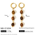 Detail view of 14mm gold stainless steel hoop earrings with 7mm brown stone charms - Ring Faceted Bead Pendant Style (NB-E1694)