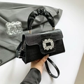 Fashionable black crocodile embossed handbag with crystal buckle and pleated handle - Black