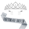 Silver rhinestone birthday tiara and silver glitter sash with Birthday Bitch text - Silver Birthday Bitch Set 17