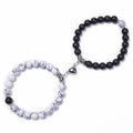 Bracelets de couple en pierre noire mate et turquoise blanche avec aimant en cœur - Cœur Blanc - Turquoise Blanche et Pierre Dépolie