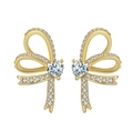 925 silver golden bow stud earrings with sparkling heart-shaped zircon stones - Gold Bowknot Heart Rhinestone Studs (SE407-14K)