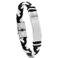 Men's black and white braided leather bracelet with a silver stainless steel metal plate - Black & White