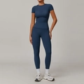 Women's navy blue yoga set with high-waist leggings and short sleeve top for fitness - S / Top And Bottom / Short Sleeve + Leggings / Navy Blue