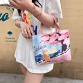 Compact sky blue canvas tote bag with sakura girl cartoon print and pink ribbon handles - Sakura Girl