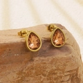 Elegant gold drop earrings with champagne pear-cut crystals on a natural stone base - Champagne Teardrop Stud Earrings (BD514-champagne-color)