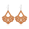 Detailed view of hollow geometric wood earrings with ethnic pattern and silver hooks - Style 27/Ethnic Geometric Fan Hollow