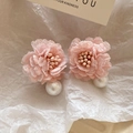 Pink lace flower earrings with large white pearl drops on elegant textured paper - 3D Lace Flower Large Faux Pearl (11# Pink)