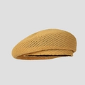 Detailed side view of a yellow knitted summer beret with breathable hollow pattern - M (56-58cm) / Yellow