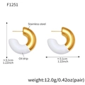 Golden stainless steel C-shaped hoop earrings with white enamel drip oil finish - White Enamel Earrings (F1251) / White