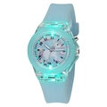 Close-up of light blue LED unicorn kids watch showing luminous glowing dial detail - Glowing Blue Unicorn(GS2512-226-04)