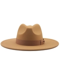 Detailed view of camel wool fedora hat with wide brim and matching ribbon band decoration - M (56-58cm) / Camel