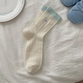 Calze da donna color panna con ricamo fiocco blu e bordo a costine elasticizzato - Beige