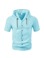 Men's light blue linen short sleeve hooded shirt with buttons and brown drawstrings - Light Blue