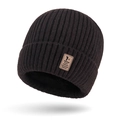 Winter rib-knit beanie in dark brown featuring a warm fleece lining and leather patch - Dark Coffee