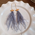 Detailed close-up of handmade grey feather earrings with gold alloy hooks on a ceramic dish - Gold Grey Long Tassel Feather Ear Hook (22#)