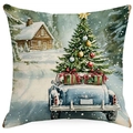 Close-up of linen pillow cover showing vintage Christmas car print and fabric texture - YMD15-33 (Blue Vintage Sedan)