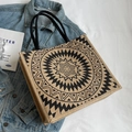 Beige linen tote bag with black mandala geometric pattern and woven rope handles - Mandala Print Round Style