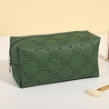 Dark green rectangle PU leather cosmetic bag with embossed hibiscus flower patterns - Dark Green