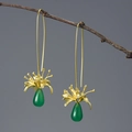 S925 silver Lycoris flower earrings with green chalcedony teardrop in gold finish - Gold