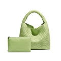 Handwoven light green leather hobo bag and matching pouch set with crossbody strap - Matcha Green