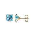 Square princess cut blue zircon stud earrings with golden four-claw stainless steel setting - Gold Blue Zircon