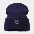 Detailed view of dark blue knit beanie featuring white double heart pattern embroidery - M (56-58cm) / Navy Blue