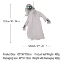 Hanging Halloween ghost ghost prop with skeleton hands and green glowing eyes details - White Hanging Ghost Woman