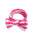 Pink and white striped coral fleece headband with large bow for facial spa and skincare - Rose Red Striped